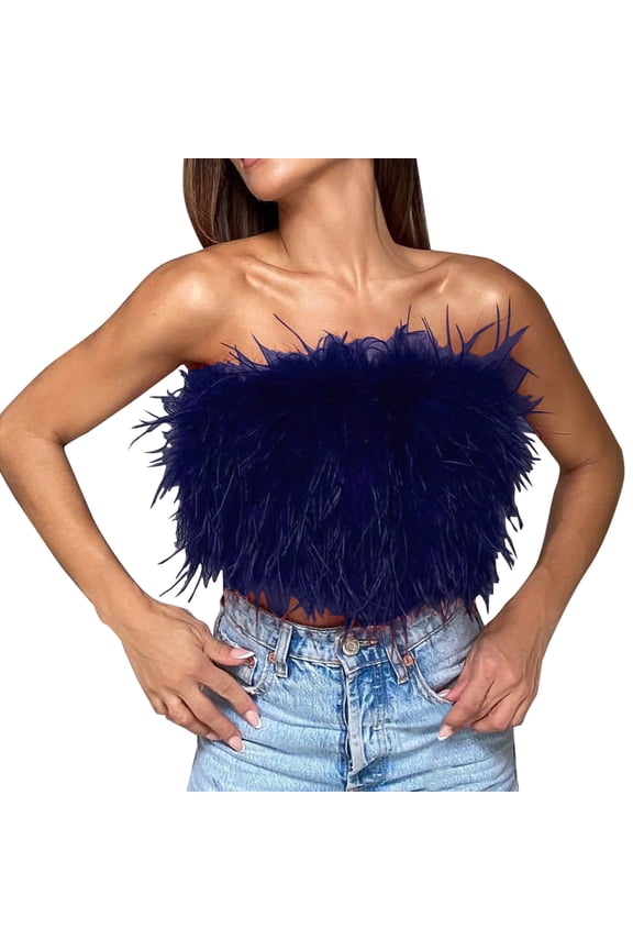 Women Shirts Women's Sexy Strapless Feather Tulle Crop Top Elegant Mesh Pleated Tube Tops Off Shoulder Bustier for Party Clubwear Y2K Navy,S-XXL