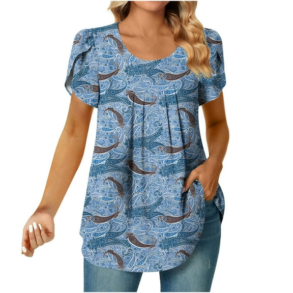 HomeGardon Women Shirts Women's Summer Casual Short Sleeve Tunic Top,Crew Neck Pleated Floral Printed Trendy Tunic Tops for Leggings Light Black,S-XXL