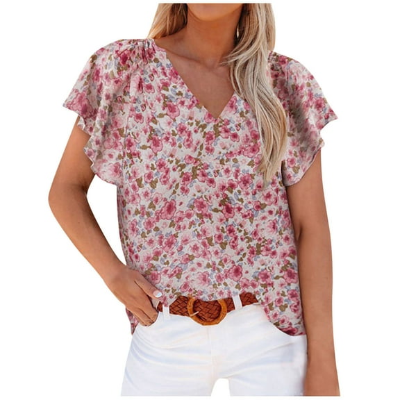 HomeGardon Women Shirts Women's Summer Tops Ruffle Short Sleeve V Neck Tunic Shirts Business Casual Floral Printed Blouses for Women Black,S-2XL