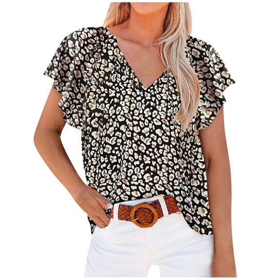 HomeGardon Women Shirts Women's Summer Tops Ruffle Short Sleeve V Neck Tunic Shirts Business Casual Floral Printed Blouses for Women Black,S-2XL