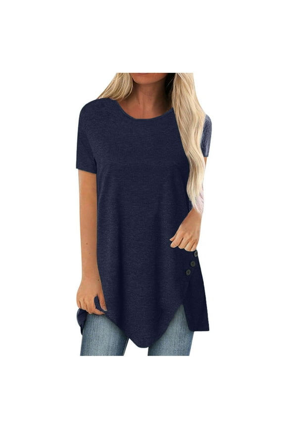 Women Shirts Womens Cotton Long Short Sleeve Crew Neck Asymmetrical Hemline Flowy Blouse Plus Size Handkerchief Hem Tunic Tops with Side Buckle Mint Navy,S-5XL