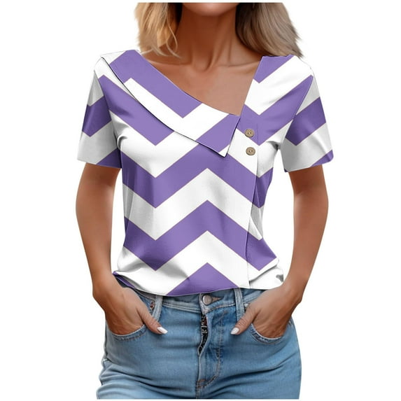 HomeGardon Women Shirts Womens Shirts Casual Tee Shirts Asymmetric V Neck Front Button Short Sleeve Patchwork Color Block Loose Fits Tunic Tops Blouses Blue,S-3XL