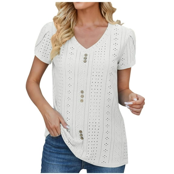HomeGardon Women Shirts Womens Short Sleeve Sweaters Crewneck Knit Pullover Front Button Tops Summer Casual Lightweight Crochet Blouse Shirt White,S-XXL
