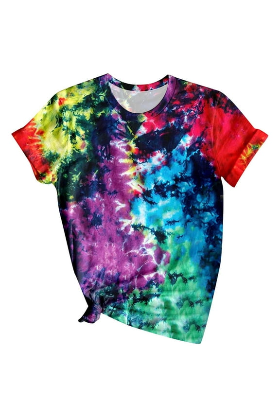 Women Shirts Womens Summer Tops Tie Dye Crew Neck Rolled Short Sleeve Shirt T Shirts Casual Loose fit Blouses Pink S-XXL