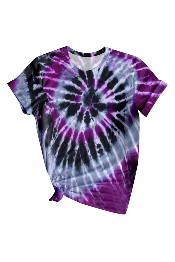 Women Shirts Womens Summer Tops Tie Dye Crew Neck Rolled Short Sleeve Shirt T Shirts Casual Loose fit Blouses Pink S-XXL