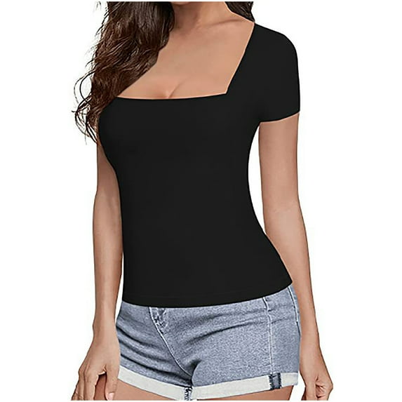 HomeGardon Women Shirts Womens Tops Summer Square Neck Short Sleeve Shirts Ribbed Knit Slim Fitted Solid Color Tshirt Casual Tees Y2K Clothing Black,S-XL