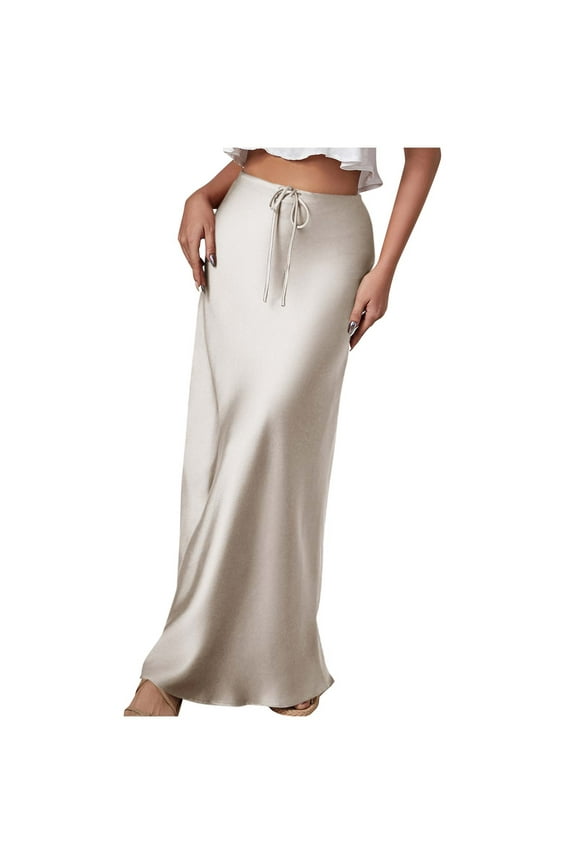 Women Skirts Satin High Waisted Drawstring Maxi Skirt Silky A-Line Slim Fitted Spring Summer Casual Long Skirts for Women Ankle Length Black,S-XL