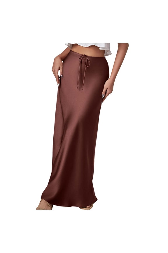 Women Skirts Satin High Waisted Drawstring Maxi Skirt Silky A-Line Slim Fitted Spring Summer Casual Long Skirts for Women Ankle Length Black,S-XL