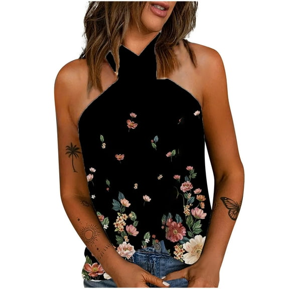 HomeGardon Women Vest Top Women's Summer Casual Halter Spaghetti Strap Crossing Neck Floral Tank Tops Sleeveless Shirts Blouses Lace Cami Camisole Yellow Tank Top S-XXL