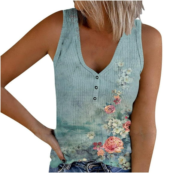 HomeGardon Women Vest Top Womens Summer Sleeveless V Neck Solid Color Casual Floral Printed Swing Shirts Flowy Tank Tops Blouses with Buttons Light Blue,S-XXL