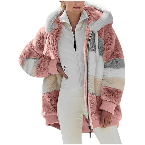 HomeGardon Women's Jackets Plus Size Womens Hooded Color Block Patchwork Cardigan Coats Winter Loose Long Sleeve Jacket Plush Coat Outerwear with Zipper Pink,S-5XL