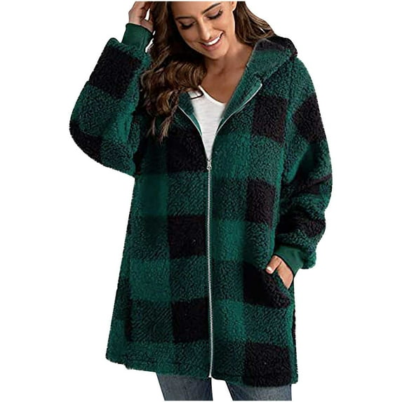 HomeGardon Women's Jackets Womens Fashion Fleece Lined Plaid Shacket Jacket Hoodies Flannel Button Down Boyfriend Shirts Winter Coats with Pockets Black,S-XXXXL