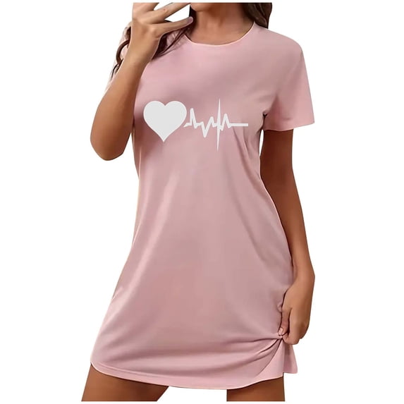 HomeGardon Women's Sleepwear Nightgowns for Women,Fashion Print Medium Length Dress Oversized Short Nightgown Fashion Chest Print Short Sleeve Nightdress,S-XXL