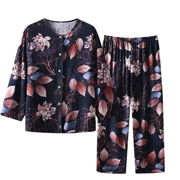 HomeGardon Women's Sleepwear Ladies Pajamas Sets Plus Size,Women's Summer Two Piece Set Long Sleeve Round Neck Pajama Set Printed Pants Set,XL-XXXXXL