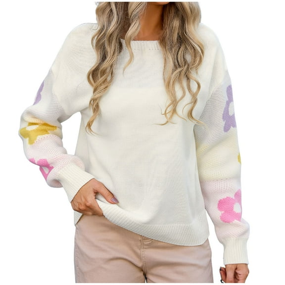 HomeGardon Women's Sweaters Sweaters for Women Casual Round Neck Large Flower Printed Long Sleeved Pullover Sweater Top