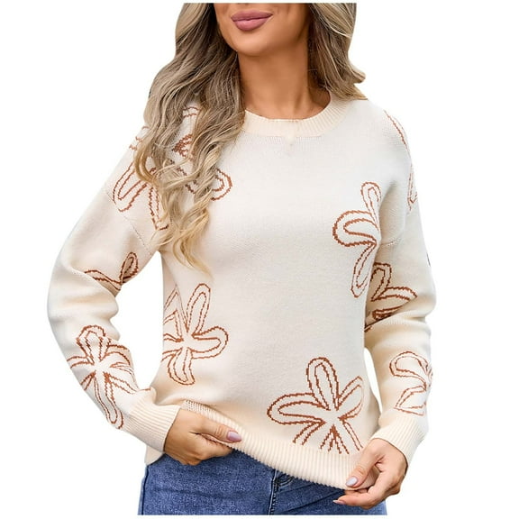 HomeGardon Women's Sweaters Sweaters for Women Fashion Loose Print Round- Neck Sweater