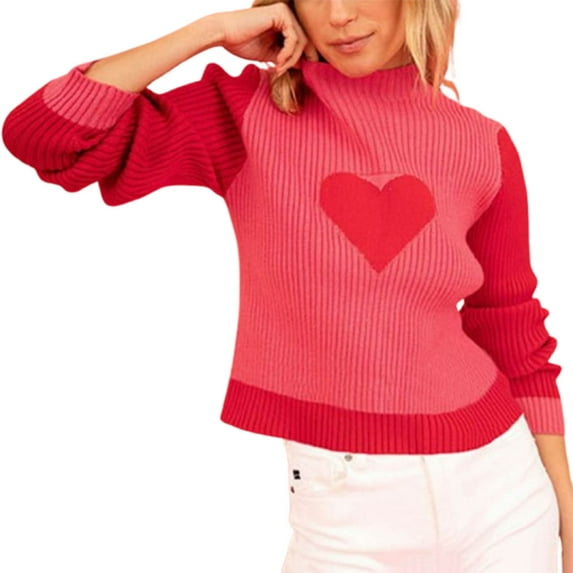 HomeGardon Women's Sweaters Sweaters for Women Long Sleeved Half High Neck Heart-shaped Color Blocked Knit Sweater Top
