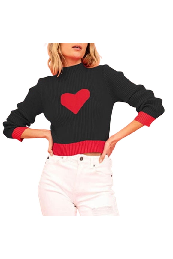 Women's Sweaters Sweaters for Women Long Sleeved Half High Neck Heart-shaped Color Blocked Knit Sweater Top