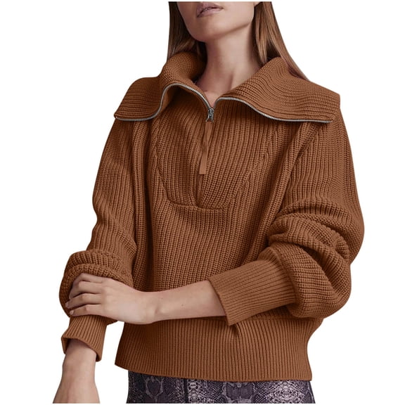 HomeGardon Women's Sweaters Sweaters for Women Solid Color Casual Zipper Wide Neck V-neck Sweater Top Pullover Shirt