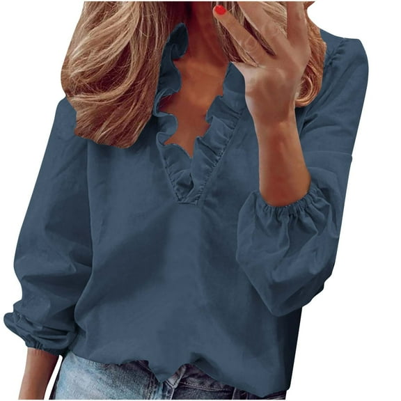 HomeGardon Womens Blouses Shirts Plus Size Womens Dressy Casual Vacation Blouses Long Sleeve V Neck Ruffle Tops Business Ladies Summer Trendy Work Shirt Navy,S-5XL