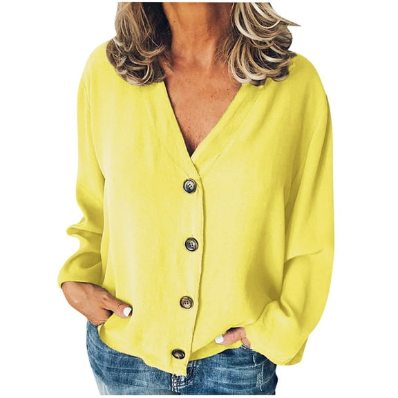 HomeGardon Womens Blouses Shirts Women Plus Size Button Down Shirts Loose Fitting Long Sleeve Chiffon Office V Neck Casual Lightweight Business Blouses Tops Work T Shirts S-5XL