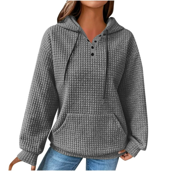 HomeGardon Womens Blouses Shirts Women's Casual Loose Pullover Hoodied Sweatshirt,Drawstring Pumpkin Printed Waffle Hoodies Long Sleeve Button Tops with Pocket Beige,S-XXL