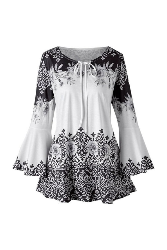 Womens Blouses Shirts Womens Tops Dressy Casual 3/4 Tiered Bell Sleeve Flare Sleeve Blouses Double Layered Chiffon Work Tunic Shirts Embroidery Printed Black,S-5XL