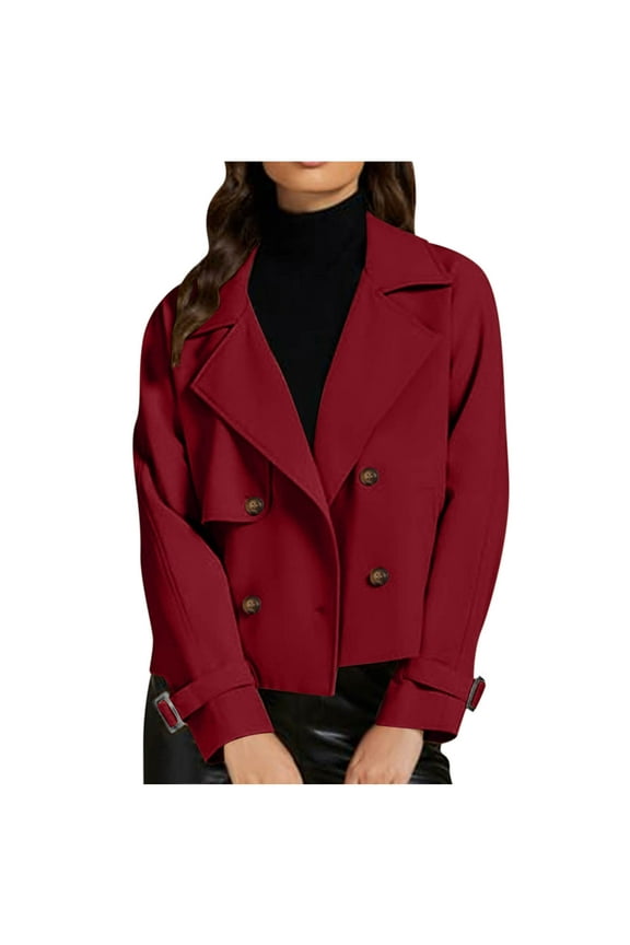 Womens Jackets Clearance! Cropped Trench Coat for Women Long Sleeve Double Breasted Notched Lapel Casual Loose Fit Jackets with Pockets, Fall Fashion Leisurewear Short Blazer Jackets S-XXL