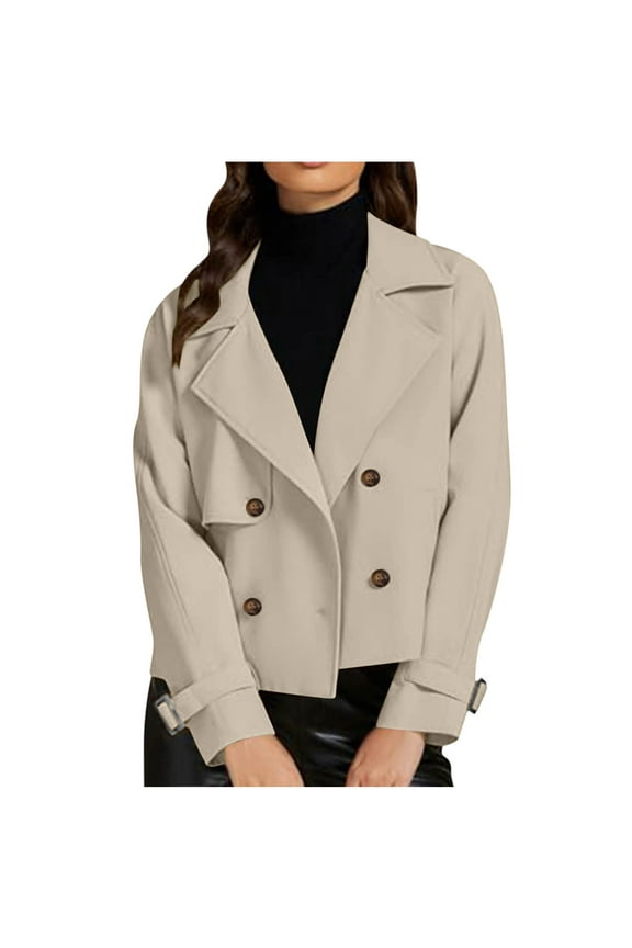 Womens Jackets Clearance! Cropped Trench Coat for Women Long Sleeve Double Breasted Notched Lapel Casual Loose Fit Jackets with Pockets, Fall Fashion Leisurewear Short Blazer Jackets S-XXL