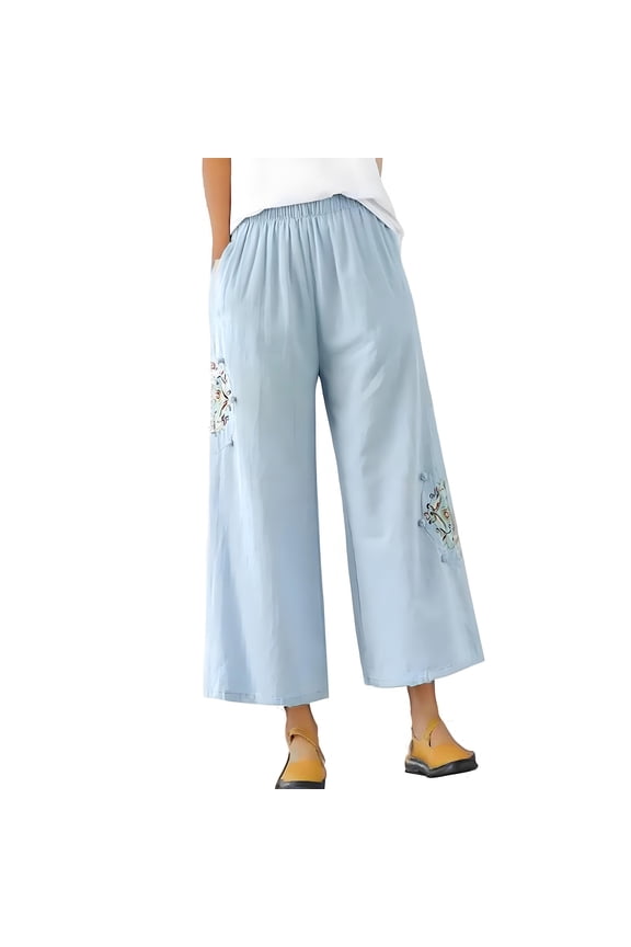Womens Linen Pants Womens Wide Leg Pants,Summer All Ethnic Style Embroidered Disc Buckle Cotton Linen Solid Color Elastic Waist Loose Straight Leg Pants,M-XXXXXL
