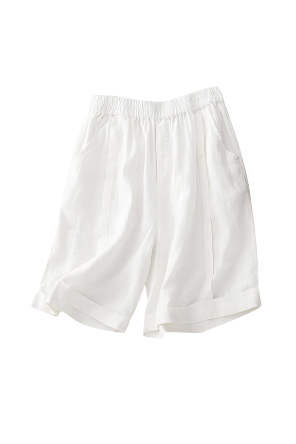 Womens Linen Shorts Shorts for Women,Summer Cotton Linen Elastic Waist Solid Thin Quarter Shorts,M-XXL