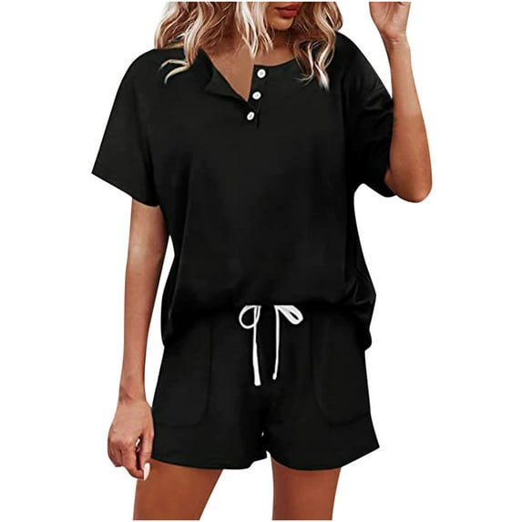 HomeGardon Womens Set Pajama Sets for Women Front Button Solid 2 Piece Polyester Knit Lounge Sets Short Sleeve Sleepwear Top Shorts Pj Sweatsuits Tracksuit Black S-XXL