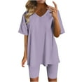 thumbnail image 1 of HomeGardon Womens Set Summer Clearance! Two Piece Outfits For Women Casual Summer V Neck Short Sleeve T-Shirt Tops Slim Leg Biker Shorts Workout Sports Tracksuit Purple Suits,S-XXXL, 1 of 4