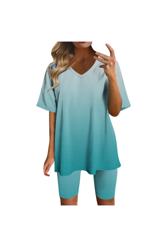 Womens Set Two Piece Outfits for Women Casual Summer V Neck Short Sleeve T-Shirt Tops Slim Leg Biker Shorts Workout Sports Tracksuit Black Suits,S-XXXL