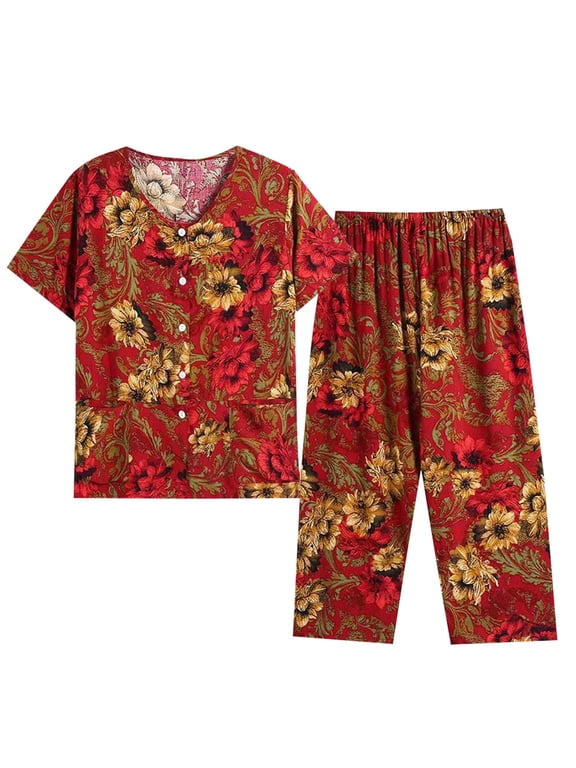 Womens Set Women Plus Size Casual 2 Piece Suit Pajamas Short Sleeved Round Neck Top/Shirt Capri Set Cotton Silk Suit Comfortable Breathable Cardigan Button Pocket XXXL