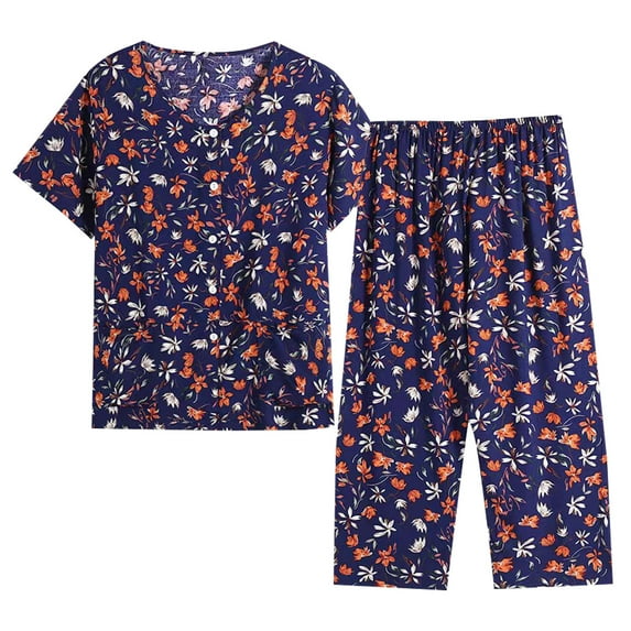 HomeGardon Womens Set Summer Clearance! Women Plus Size Casual 2 Piece Suit Pajamas Short Sleeved Round Neck Top/Shirt Capri Set Cotton Silk Suit Comfortable Breathable Cardigan Button Pocket XXXL