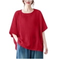 thumbnail image 1 of HomeGardon Womens Shirts Plus Size Tops for Women,Women's Solid Color Imitation Cotton and Linen Shoulder Down Short Sleeved Round Neck Hem Slit Top,S-XXXXL, 1 of 1