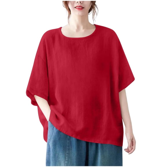 HomeGardon Womens Shirts Plus Size Tops for Women,Women's Solid Color Imitation Cotton and Linen Shoulder Down Short Sleeved Round Neck Hem Slit Top,S-XXXXL