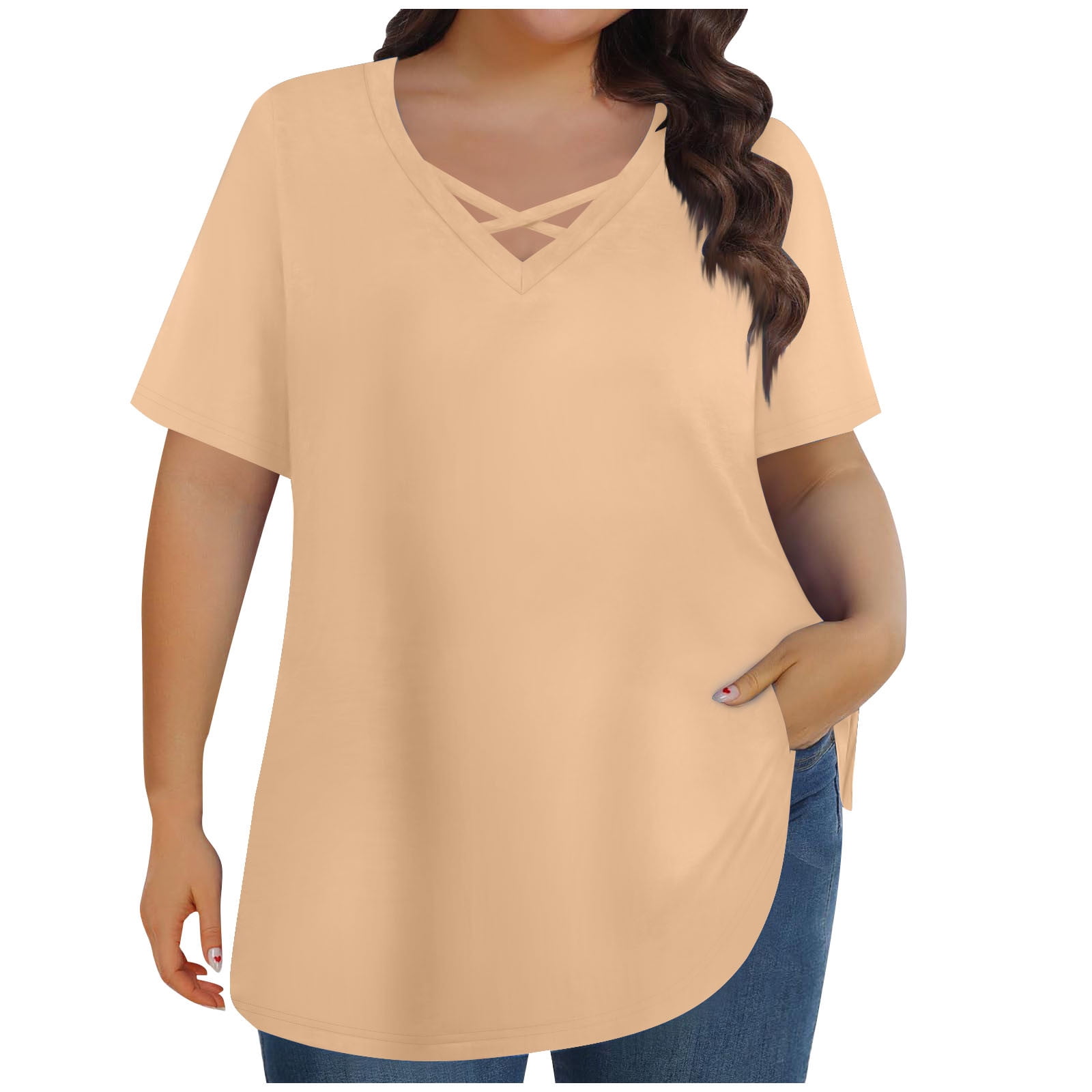 WT1038 Women's V-Neck Dolman Top – Short Sleeve, Loose Fit, XXXXXL Brown