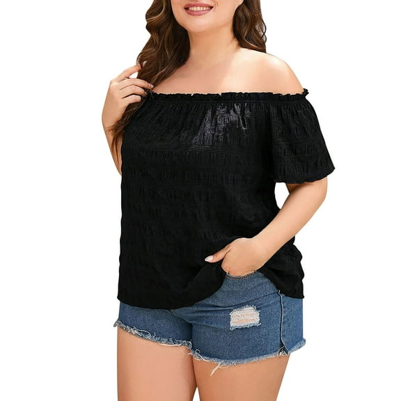 HomeGardon Womens Shirts Plus Size Tops for Women,Women's Loose Casual Plus Size Solid Color One Shoulder Short Sleeved Top,XL-XXXL