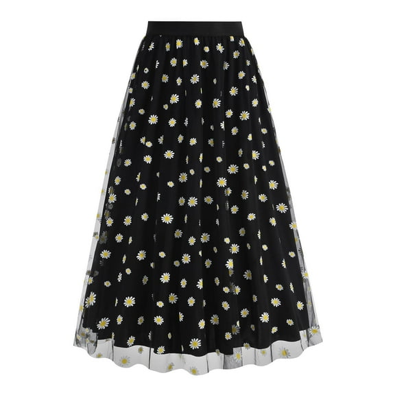 HomeGardon Womens Skirts Summer,Skirts for Women Women's Long Skirt Flower Embroidery Solid Color High Waist Mesh Midi Skirt,S-XXL