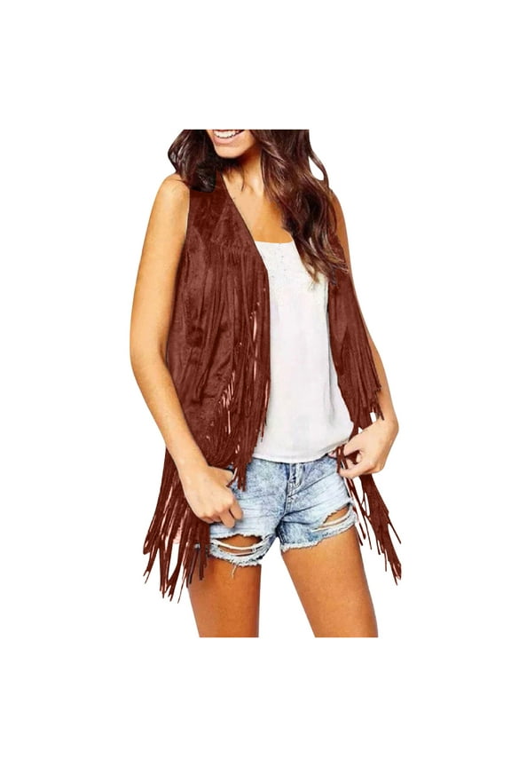 Womens Summer Cardigan Clearance! Women Fringe Vest 70s Hippie Faux Suede Sleeveless Cowgirl Costume Jacket Women's Tassel Jacket Cardigan Waistcoat Outwear Tops Navy/Brown,S-XXXL