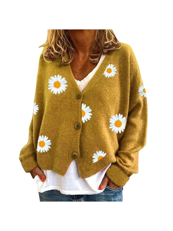 Womens Summer Cardigan Women's Floral Knitted Daisy Sweater Cardigans Cotton Long Sleeve V Neck Loose Open Front Button Down Vintage Cottagecore Sweater Top,Orange S-XXL