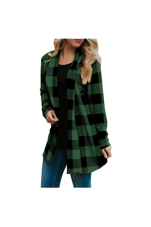 Womens Summer Cardigan Womens Buffalo Plaid Vest Casual Lapel Long Sleeve Open Front Cardigan Jacket Coat with Pockets Women's Knitted Coat Outwear Maxi Sweater Green,S-XXXXXL