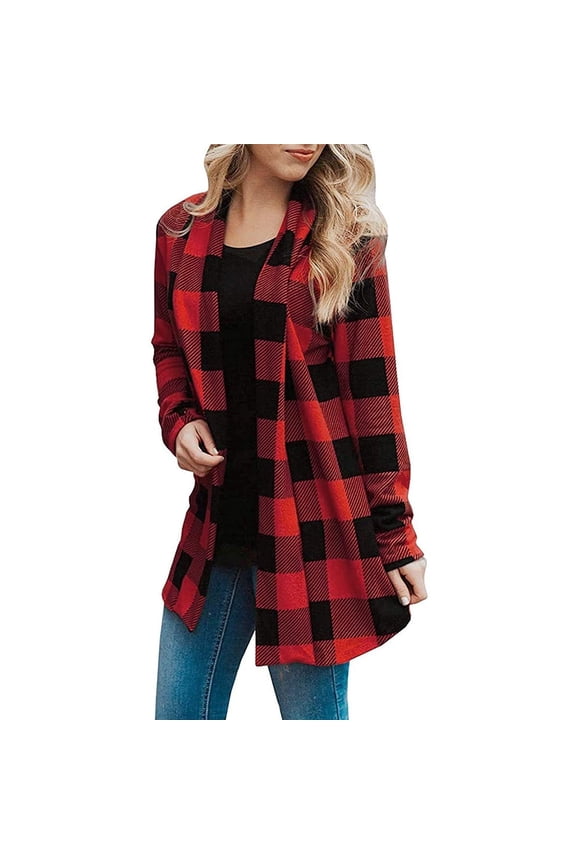 Womens Summer Cardigan Womens Buffalo Plaid Vest Casual Lapel Long Sleeve Open Front Cardigan Jacket Coat with Pockets Women's Knitted Coat Outwear Maxi Sweater Black,S-XXL