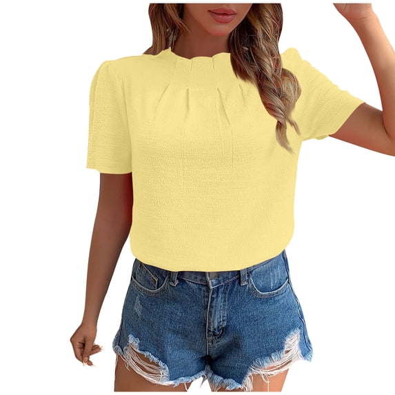 HomeGardon Womens T Shirts Tops for Women Fashion Solid Color Summertime Button Short Sleeve Round-Neck Blouses,S-XXL