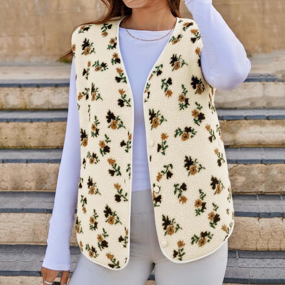 HomeGardon Womens Vest Sleeveless Jackets for Women Witer Womens Fuzzy Fleece Fall Floral Sleeveless Jacket Lightweight Button Down Warm Outerwear with Pockets,S-XXL