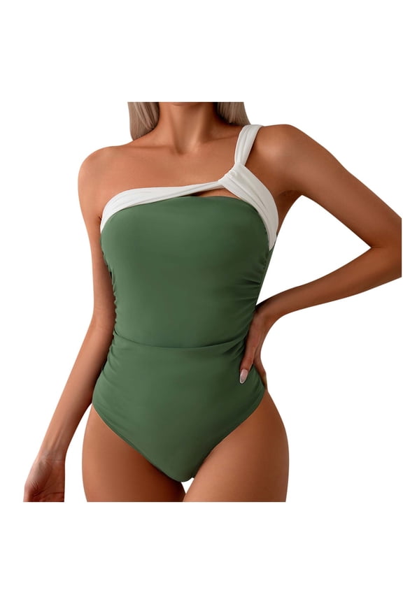 One Piece Tankini Bathing Suits for Women One Shoulder Swim Top with Bottom Swimsuits for Women,One Shoulder Swimsuit Crinkle Waist Cutout Swimwear Beachwear