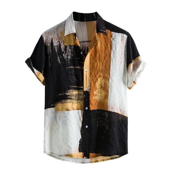 HomeGardonShirts for Men Mens Tshirts Short Sleeve,Men Hawaiian Beach Shirt Patchwork Summer Casual Button Turn-down Collar,M-XXXL
