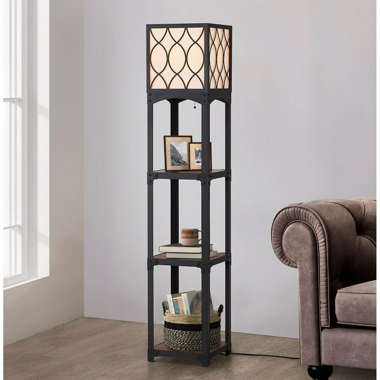 Homeglam 64 H Vintage Iron with Wood Shelves and Laser Cut Metal Shade Floor Lamp Curved Pattern Shade